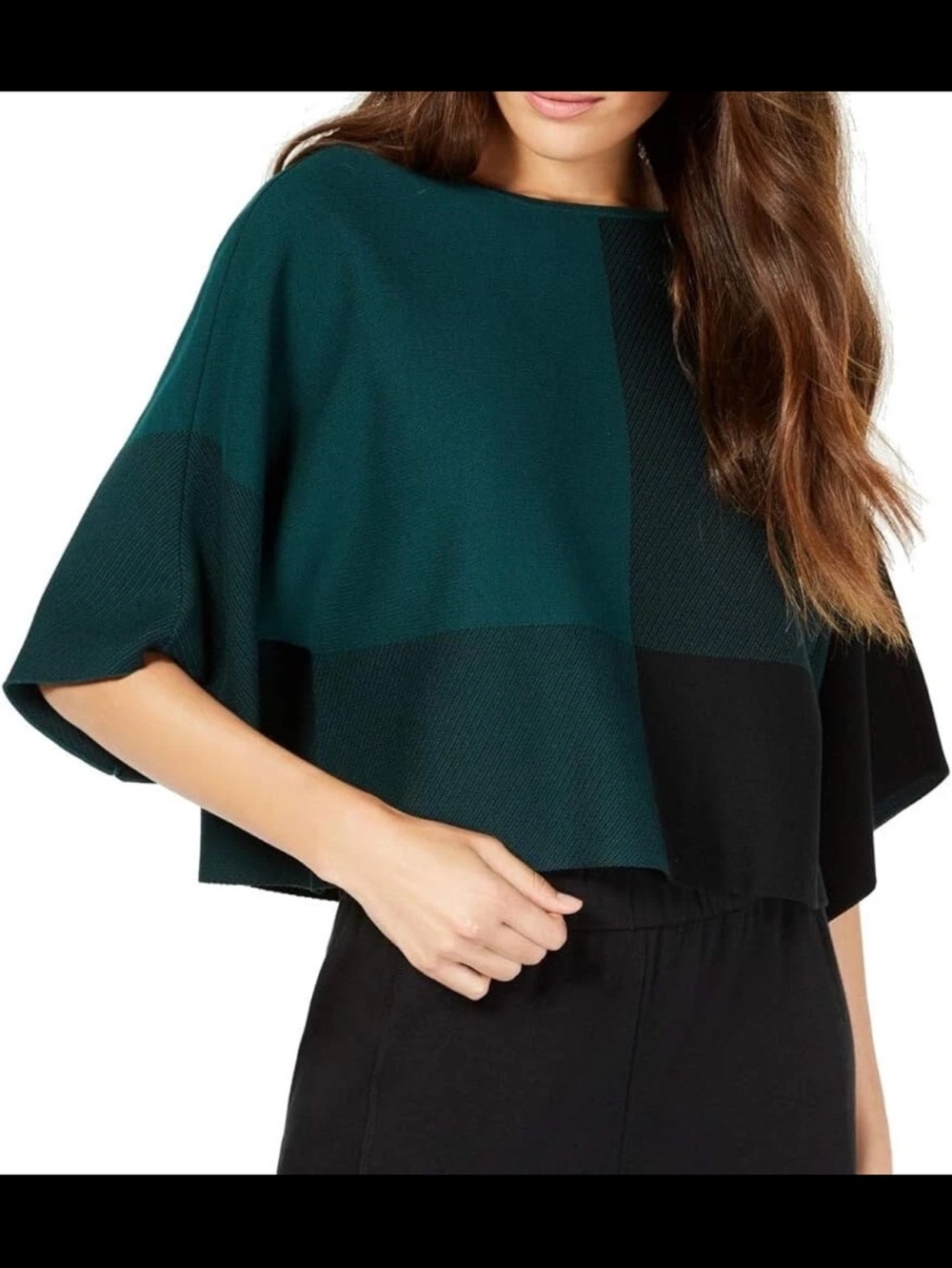 Eileen Fisher Bateau Neck 3/4 Sleeve Green Black Colorblock Boxy XS Art Teacher
